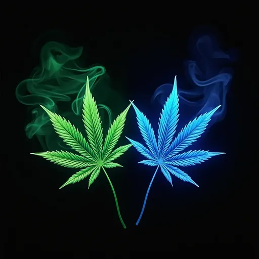Prompt: Bright metallic green marijuana leaf on one left side with green smoke moving towards the center and on the right side bright neon metallic blue marijuana leaf with blue smoke moving to the center with a black background 