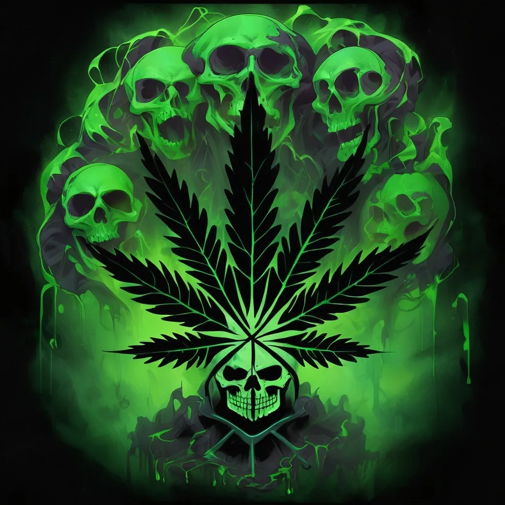 Prompt: A striking illustration features a menacing skull, vividly rendered in a ghostly green hue that emits an eerie glow against a solid black background. The skull is adorned with a biohazard symbol, intricately intertwined with swirling patterns that suggest decay or toxic elements. It wears a dark gas mask, emphasizing a sense of danger and foreboding, with detailed textures that enhance the realism of the image. The composition is centered and stark, allowing the haunting figure to dominate the frame, while the color scheme of bright multi color and black evokes a chilling ambiance. Overall, the artwork conveys themes of hazard and mortality, striking a balance between the macabre and the visually captivating.