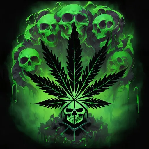 Prompt: A striking illustration features a menacing skull, vividly rendered in a ghostly green hue that emits an eerie glow against a solid black background. The skull is adorned with a biohazard symbol, intricately intertwined with swirling patterns that suggest decay or toxic elements. It wears a dark gas mask, emphasizing a sense of danger and foreboding, with detailed textures that enhance the realism of the image. The composition is centered and stark, allowing the haunting figure to dominate the frame, while the color scheme of bright multi color and black evokes a chilling ambiance. Overall, the artwork conveys themes of hazard and mortality, striking a balance between the macabre and the visually captivating.