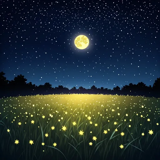 Prompt: Focus on the night sky with many twinkling stars and a round moon with a soft yellow color, a comfortable atmosphere, contrasting with the wide grass field. Wide angle shot at night.