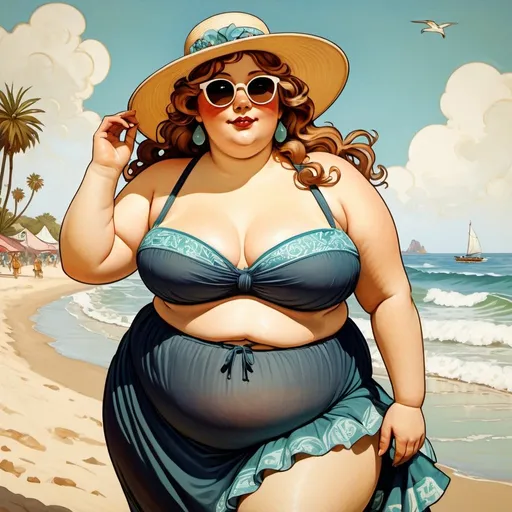 Prompt: An Alphonse Mucha style painting of a beautiful very fat woman at the beach. She's wearing black sunglasses, a crop top and very snug summer skirt. She must have a very soft pudgy chubby midriff and very prominent love handles. She's bottom heavy, with an especially fat Venus mound area. She has long curly hair and wears a feminine summer hat. The shape and roundness of her lower belly is very visible through her clothes. Her face is chubby, but not overly so. "Soft saggy belly flesh fat rolls skin folds"