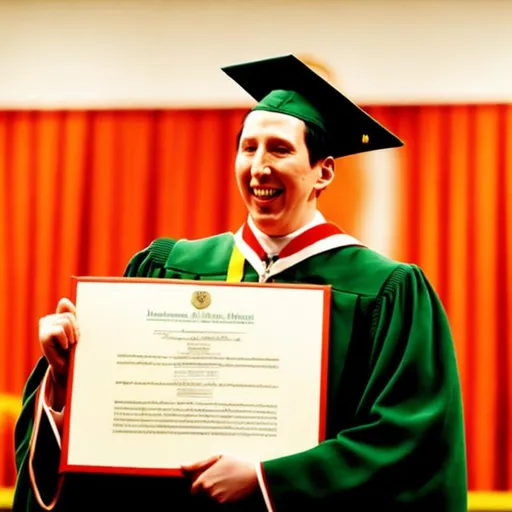 Prompt: Brian Warner (Marilyn Manson) graduating from college holding up his degree in his cap and gown. No goth makeup