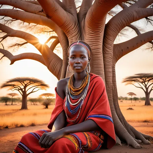 Prompt: Generate an image of a vibrant Maasai girl of 25 year beautiful  (Amani) sitting under a large baobab tree at sunset. She is wearing a colorful shuka, adorned with intricate beadwork. The surrounding landscape includes acacia trees and the savannah, with the sun casting golden hues.