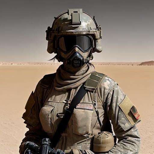 Prompt: Female soldier in dirty army helmet and goggles, military uniform in desert setting, dusty and war-torn atmosphere, realistic digital art, high quality, gritty realism, desert color tones, intense lighting