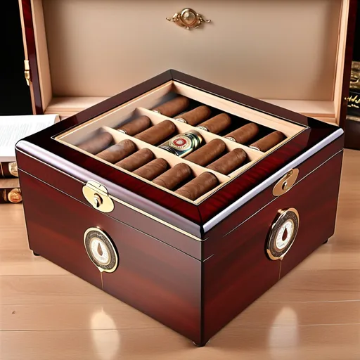 Prompt: (100-cigar humidor), classic and robust design, sophisticated collector's style, rich wood grains, elegant metal hardware, polished finish, luxurious interior with velvety texture, vintage ambiance, rich colors capturing warmth, detailed craftsmanship, inviting atmosphere, (high-quality detail), (4K resolution), perfect for cigar enthusiasts and collectors.