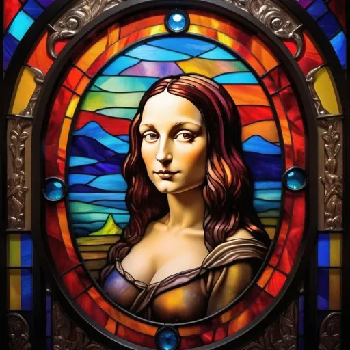 Prompt: colorful imagery in a stylized metal frame, nudist mona lisa

