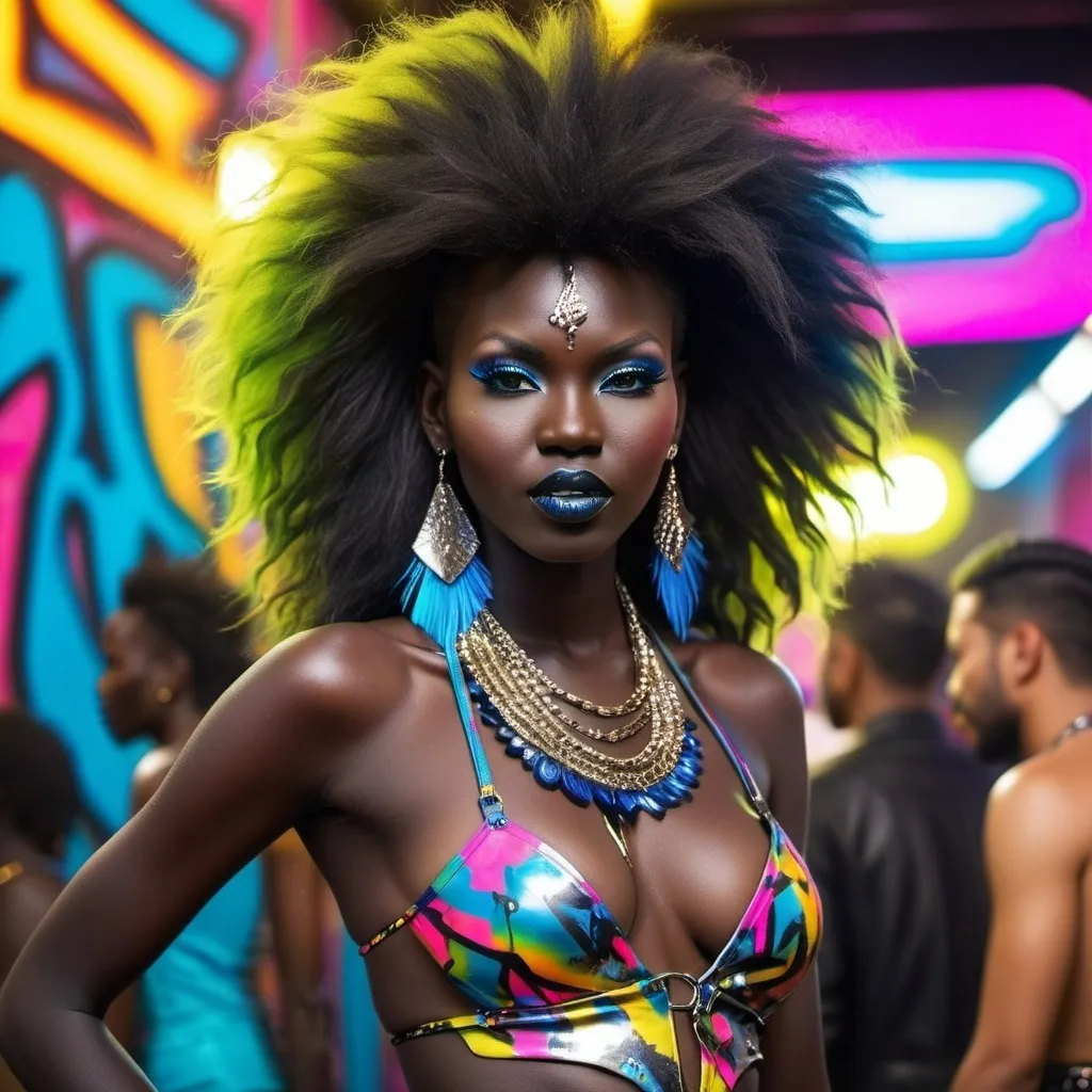 Prompt: nudist 80s south sudanese nudist glam metal girl


