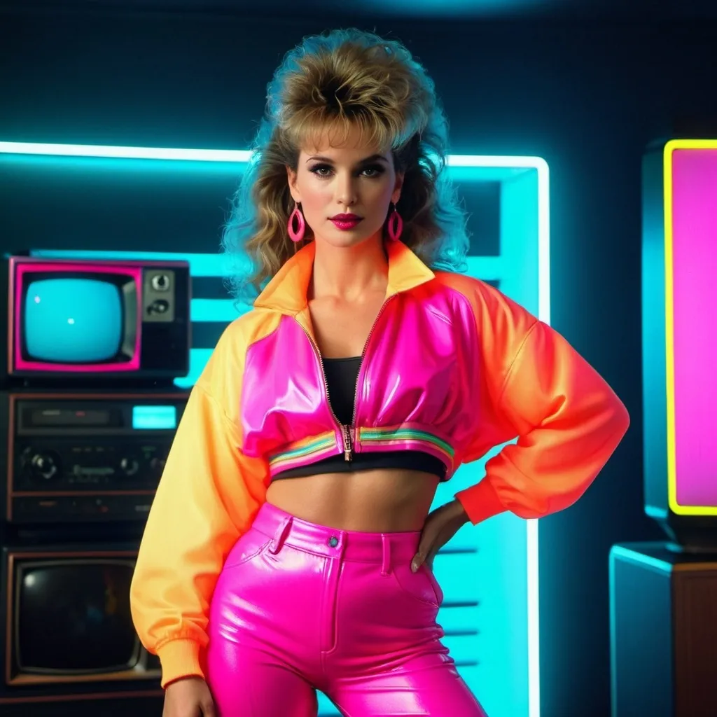 Prompt: Woman, full body, 80s, neon clothes, retrowave style, photorreal, 1987, TV show, masterpiece