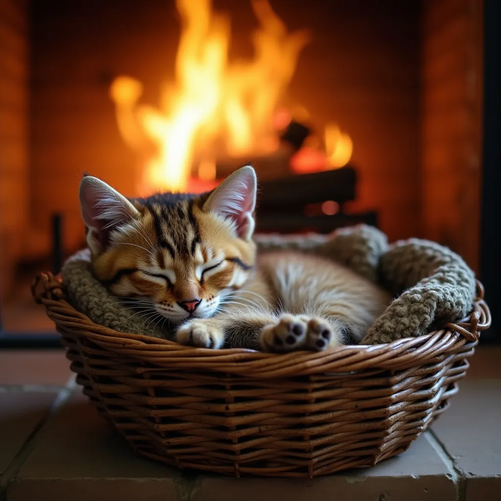 Prompt: tabby kitten asleep in a basket on the fireplace hearth