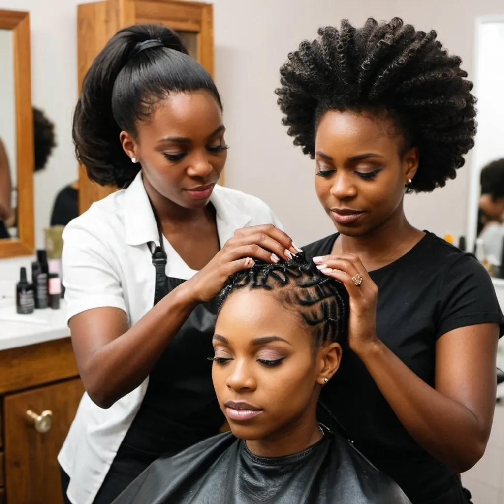 Prompt: a salon with a black woman getting their hair styled by a black woman