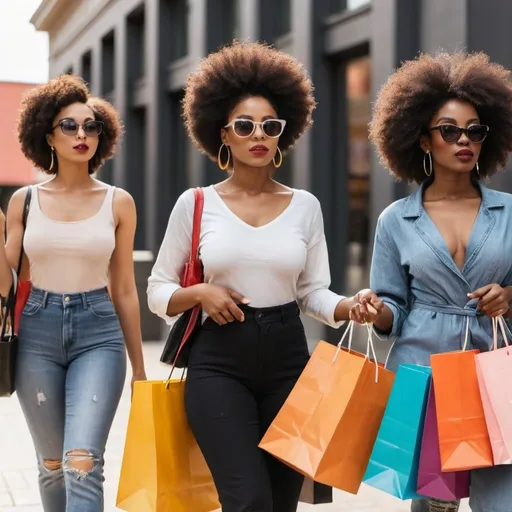 Prompt: fashionable black women walking with shopping bags in their hands with different  hairstyles, all wearing sun glasses
