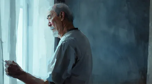 Prompt: (watercolor), (thin Asian old man), standing by the window, wearing a hospital patient gown, introspective pose, soft pastel colors, tender lighting, gentle expression, serene ambiance, sunlight filtering through, delicate played of shadows, textured brush strokes, emotional depth, evoking feelings of nostalgia and fragility, high depth quality.