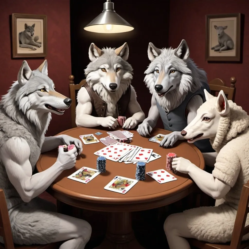 Prompt: create a cartoon image of three grey wolves with wolf heads and wolf bodies, and two lambs with sheep heads and sheep bodies. They are all sitting at a table playing cards and deciding what's for dinner