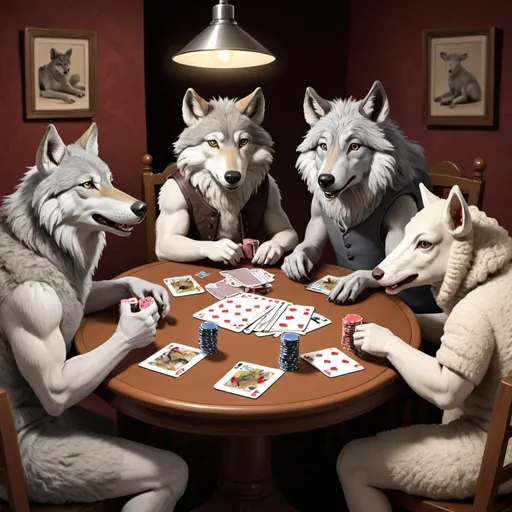 Prompt: create a cartoon image of three grey wolves with wolf heads and wolf bodies, and two lambs with sheep heads and sheep bodies. They are all sitting at a table playing cards and deciding what's for dinner