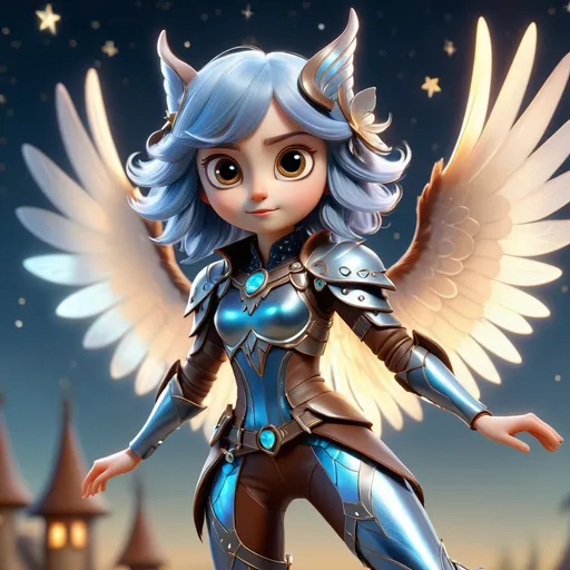 Prompt: 3d digital art style full body, tiny, cute slender hyper-feminine female blue-haired fairy owl, translucent magic wings (opalescent), leather armor (silver), brown leather pants,  happy, flying a moonlight blue sky with stars