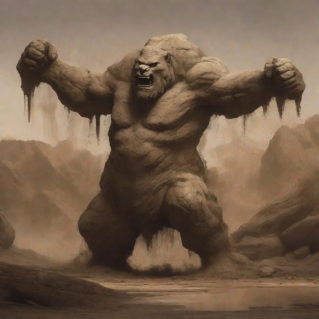 Prompt: Large, vaguely humanoid elementals made of mud and chunks of dirt, clenched fists, thick limbs, roaring, no muscle definition, full body portrait