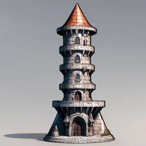 Prompt: fantasy style circular mage tower tower made of marble slabs that is 10 stories tall and has a cone shaped roof. there is a small window on the 4th storie and no front door