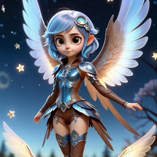 Prompt: 3d digital art style full body, tiny, cute slender hyper-feminine female blue-haired fairy owl, translucent magic wings (opalescent), leather armor (silver), brown leather pants, owl wing skirt, smirking, flying a moonlight blue sky with stars