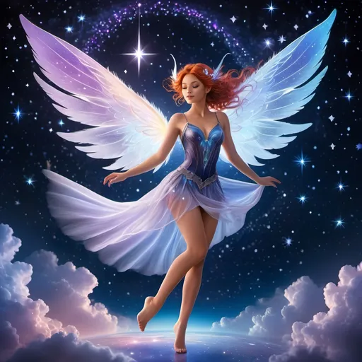 Prompt: Hyper realistic, 1girl, full body, whole body, dark tan, light red hair, A hauntingly captivating celestial pixie, flying, inspired by the awe-inspiring beauty of the night sky. This concept art line art depicts a painting in vivid colors, showcasing the pixie's ethereal presence against a backdrop of twinkling stars. The celestial pixie is adorned with shimmering silver wings, their delicate feathers resembling the gentle touch of moonlight. Their iridescent, starry skin glows with a celestial luminescence, reflecting constellations of indigo, sapphire, and amethyst. With piercing jewel-like eyes, they seem to hold the secrets of the universe within their gaze. Every intricate detail of this celestial pixie is carefully crafted, creating a mesmerizing image that transports viewers to a magical realm.
long Skirt, legs, sleeves, feet