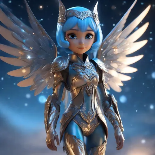 Prompt: 3d digital art style full body, tiny, cute slender hyper-feminine female blue-haired fairy owl, translucent magic wings (opalescent), leather armor (silver), brown leather pants, owl wing skirt, smirking, flying a moonlight blue sky with stars