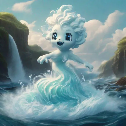 Prompt: small cute tornado shaped fantasy water elemental, d&d, dnd, made of water and waves, clenched fists, thick arms, whirlpool bottom, no legs, roaring, flowing, full body portrait