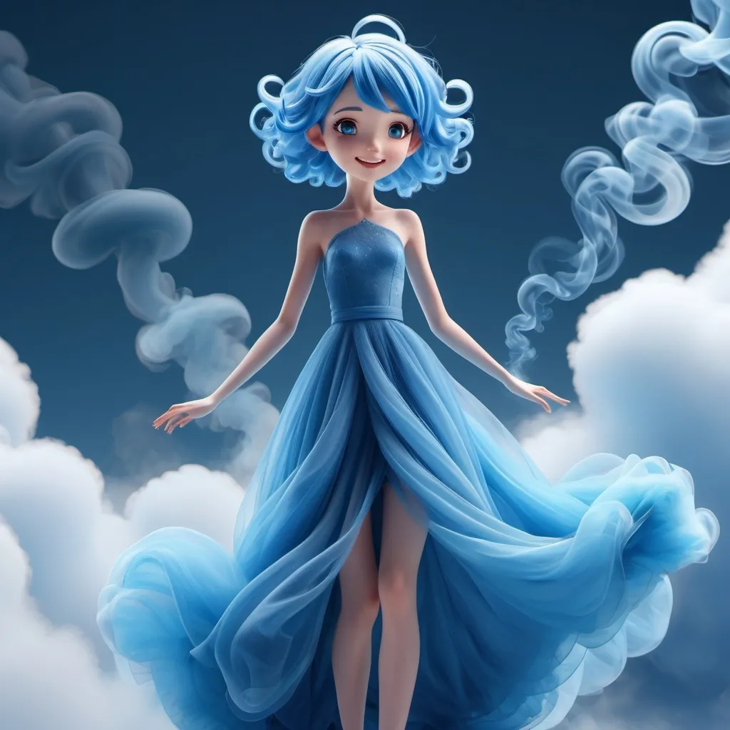 Prompt: 3d digital art style full body, tiny, cute, slender blue hyper-feminine female blue-haired, made of blue smoke, full length gown, smirking, flying in the sky