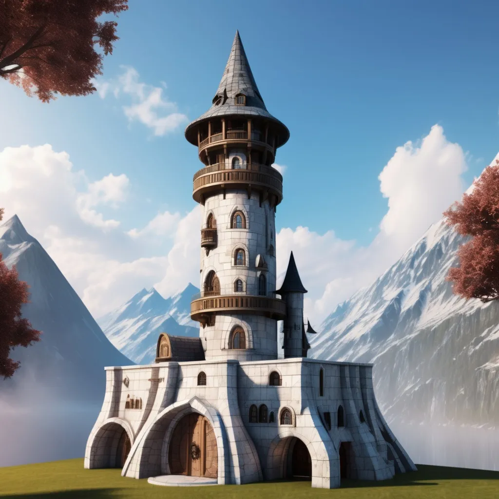 Prompt: fantasy style circular mage tower tower made of marble slabs that is 4 stories call and has a cone shaped roof. there is a small window on the 4th storie and no front door