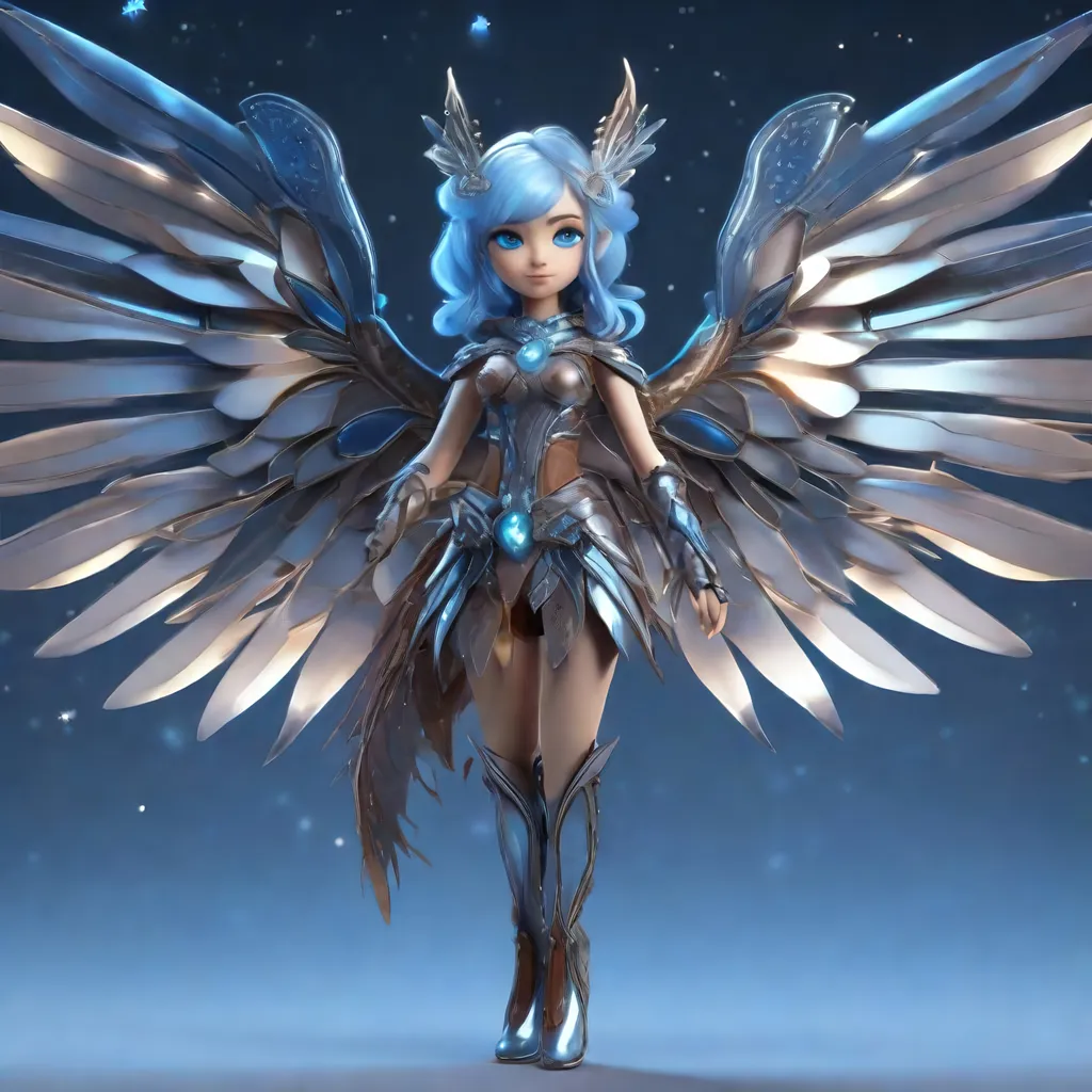 Prompt: 3d digital art style full body, tiny, cute slender hyper-feminine female blue-haired fairy owl, translucent magic wings (opalescent), leather armor (silver), brown leather pants, owl wing skirt, smirking, flying a moonlight blue sky with stars