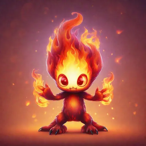 Prompt: cute, adorable, flame monster with two arms a torso and a head made of only flames and fire, very large, big eyes, bright reds and oranges, composed completely of flames and fire, thin limbs, angry, no muscles, full body portrait, weak, smoke