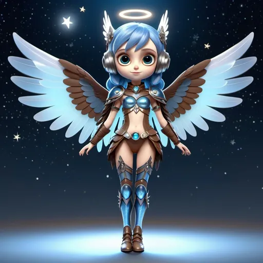 Prompt: 3d digital art style full body, tiny, cute slender hyper-feminine female blue-haired fairy owl, translucent magic wings (opalescent), leather armor (silver), brown leather pants, owl wing skirt, smirking, flying a moonlight blue sky with stars