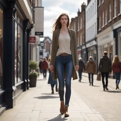 Prompt: Tall young woman walking down the high street, detailed clothing, realistic, natural lighting