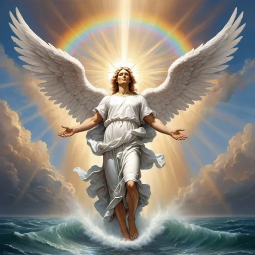 Prompt: In a dramatic and awe-inspiring scene, a mighty angel descends from the heavens. This celestial being is enveloped in a billowing cloud, radiating divine presence. A magnificent rainbow arcs over the angel's head, symbolizing a covenant and divine promise. The angel's face shines with intense brilliance, resembling the sun, and exudes a powerful and holy light.

The angel's feet are like towering pillars of fire, emphasizing strength and purity. In his left hand, he holds a small, open book, signifying knowledge and revelation. His stance is commanding, with his right foot firmly planted on the sea, causing waves to ripple outwards, and his left foot anchored on the earth, merging the elements of water and land, symbolizing his dominion over both.

The sky above is dramatic, with storm clouds parting to allow heavenly light to illuminate the angel, enhancing the sense of a divine encounter. The horizon shows the vast expanse of the ocean meeting the solid ground, underlining the angel's immense presence and the significance of the moment.
