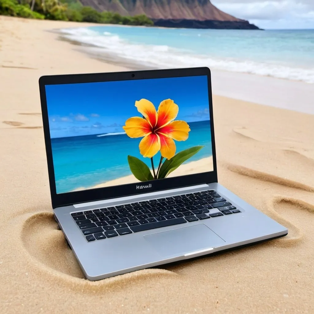 Prompt: a laptop sitting on the sand in hawaii with a flower on it in bleu
