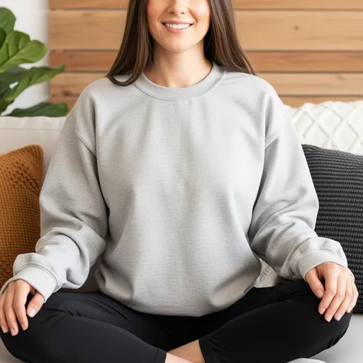 Prompt: Create a ultra realistic image of a white 30yr female long hair wearing a sweatshirt. 
The sweatshirt is very flat at front at the chest area and has no wrinkles and shows a plain big empty canvas. 
The front of the sweatshirt is plain with no design and the fit is comfy for the model. 
The main focus of the picture is the chest area of the sweatshirt and the picture needs to be centered to that. 
The sweatshirt needs to occupy 70% of the area of the image.
The center of the chest needs to be the center of the entire image. 
The female needs to be comfortably sitting crossing legs in a couch with arms naturally resting, relaxed and showing a soft expression with a natural laugh looking 30 degrees away from the camera and her face is only visible from her eyes down. Her torso is dead center and facing forward.
Background: Woodgrain, white couch and daylight corner soft blur.
Props: throw blanket, pillows and plants

There is absolutely no wrinkles in the front of the sweatshirt

Use natural daylight (5000–5500K)
Square aspect ratio (1:1)