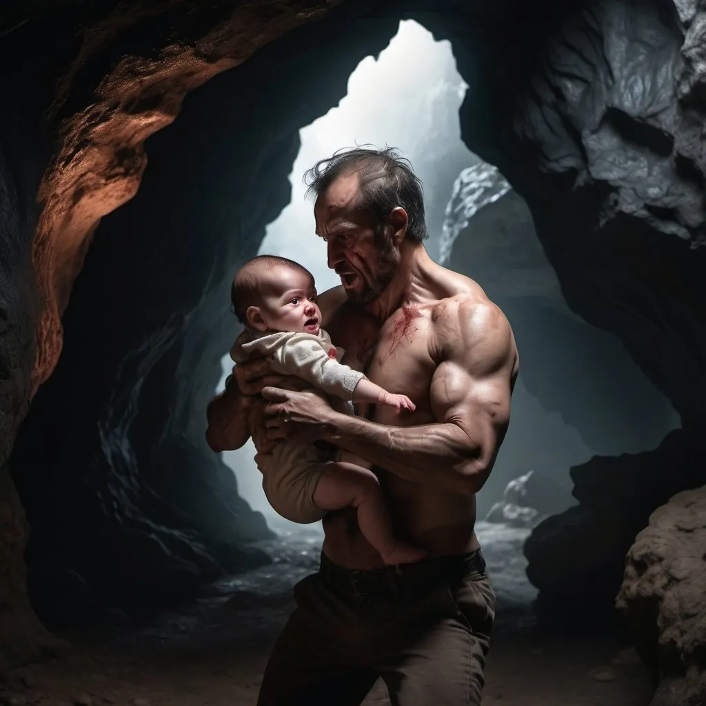 Prompt: Man holding an infant in his arms as he fights off the devil, dark and gritty setting backround is set in a cave, realistic image 8k