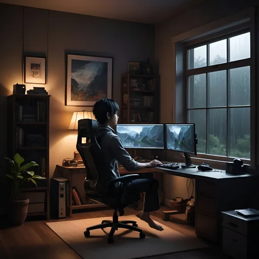Prompt: In a spacious room a darkness, a large window dominates one side, offering a view of gentle rain falling outside. The room is meticulously organized, with a sleek gaming setup occupying one corner, complete with a powerful computer running After Effects Editing SoftWare, its screen displaying an intricate animation project in progress.

Centered in the room, an ergonomic chair supports a detailed anime character, designed with vibrant colors and expressive features, seemingly lost in thought or contemplation. The character's attire reflects a blend of modern and traditional Japanese elements, adding a touch of cultural richness to the scene,Focus ON Face And After Effects Editing SoftWare.

The ambient lighting enhances the atmosphere, casting soft shadows that play against the room's calm interior. Outside, the rain continues to patter against the window, creating a soothing backdrop that contrasts with the intense creativity emanating from the computer screen.