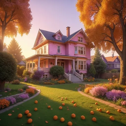 Prompt: Big home, kid playing in the yard, surrounded by trees, (sunset light), warm and nostalgic atmosphere, vibrant oranges, pinks, purples and soft shadows, expansive grassy yard, sprawling garden in the background, trees shedding golden leaves, charming suburban home, intricate architectural details, cozy and inviting, dynamic lighting, idyllic and peaceful scene, HD, ultra-detailed, 4K quality, photorealistic.