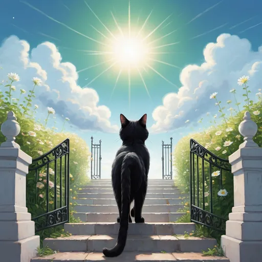 Prompt: A black cat with green eyes is walking away and up a stairway into heaven’s gates. Heaven gates are glowing.  The sky is blue with minimal clouds. There are flowers to the left in the right. The cat has one tail. Also make the sky more white.