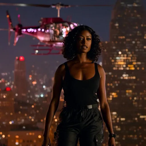 Prompt: action scene <mymodel> in a black jumpsuit , at night looking up at a flying helicopter