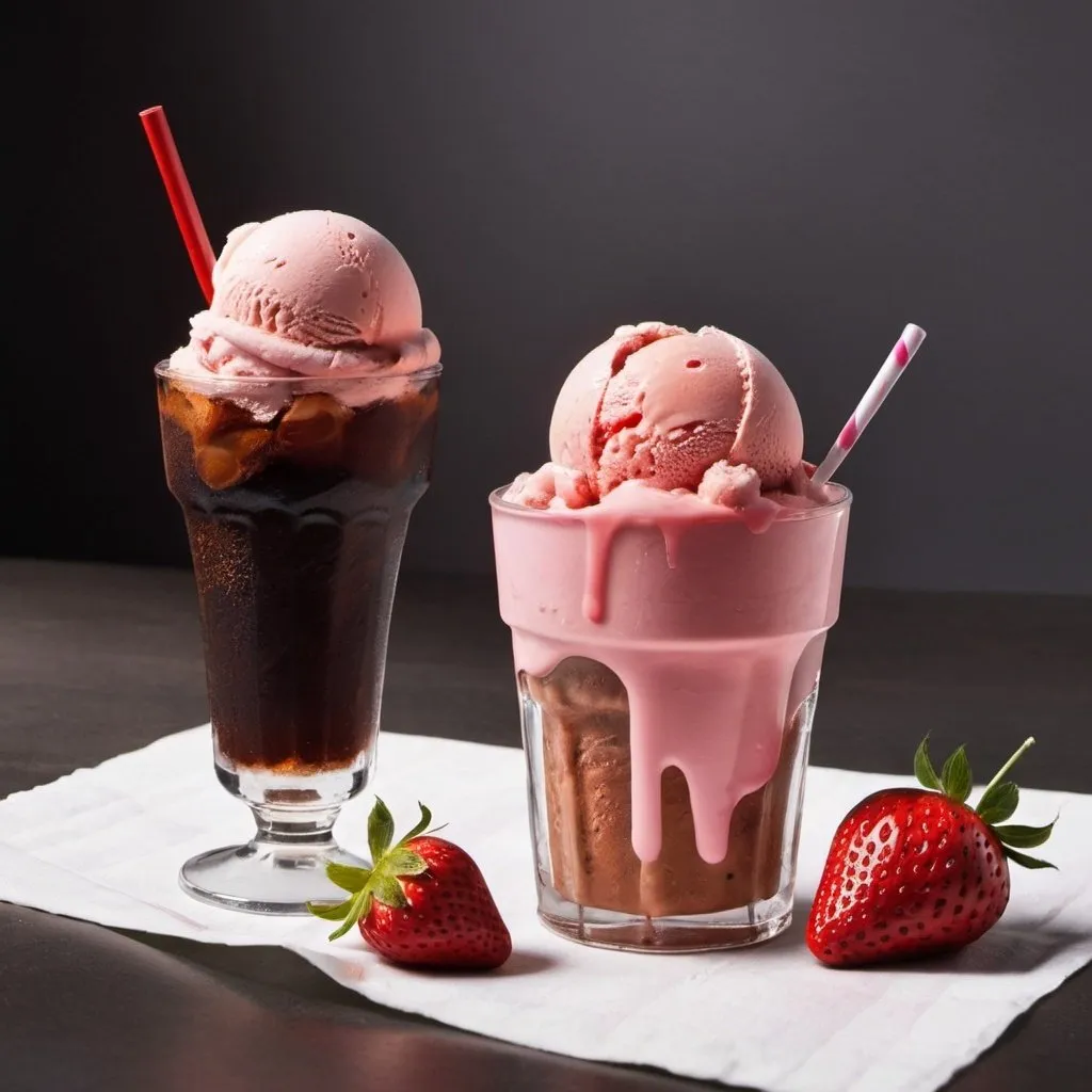 Prompt: strawberry icecream and cola