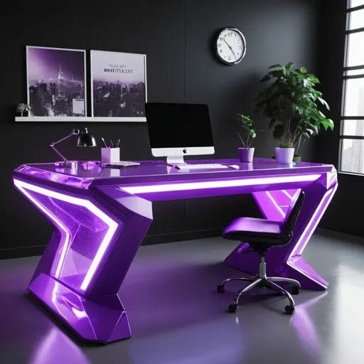 Prompt: Futuristic office desk kryptonite violet