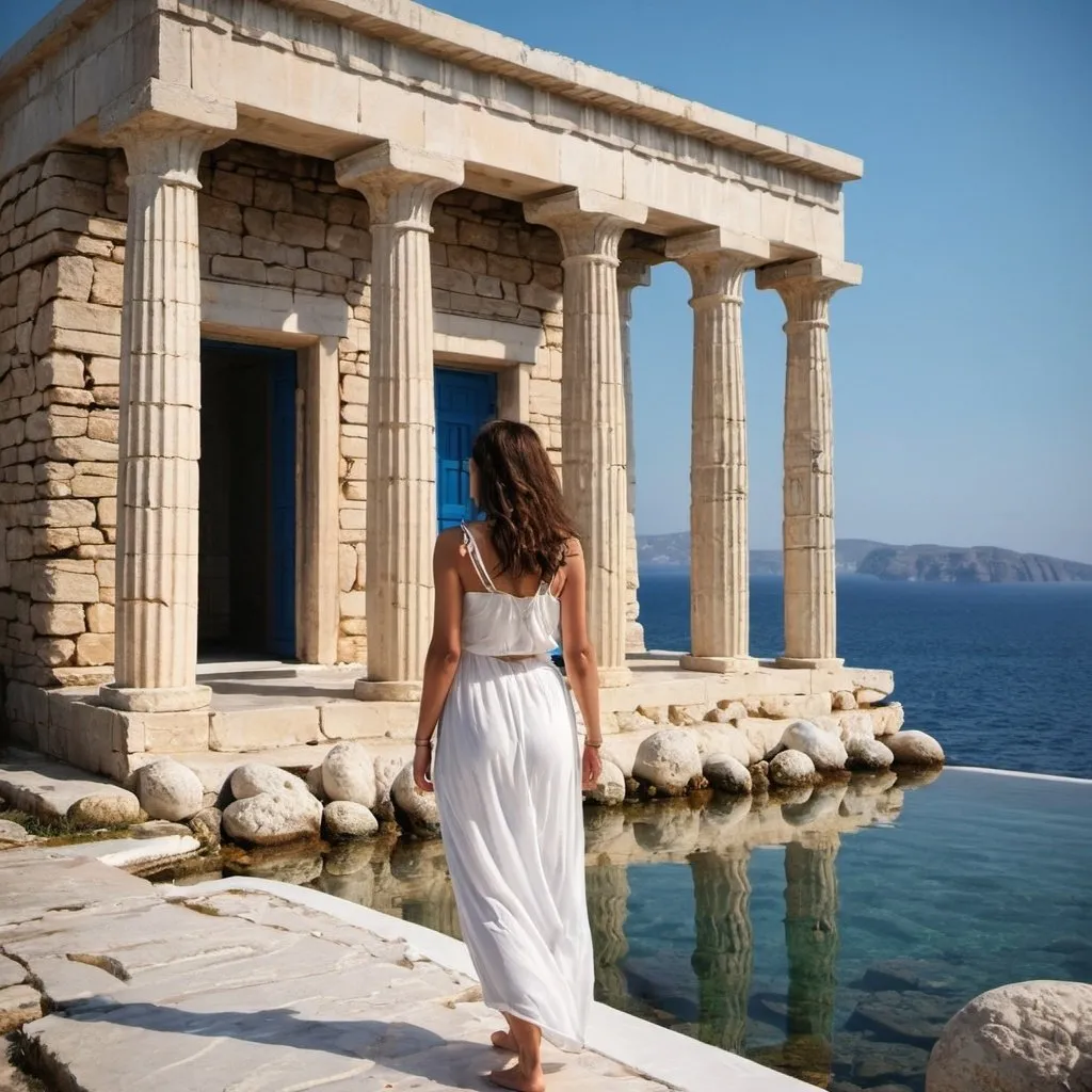 Prompt: Greek woman sea villa stones temple