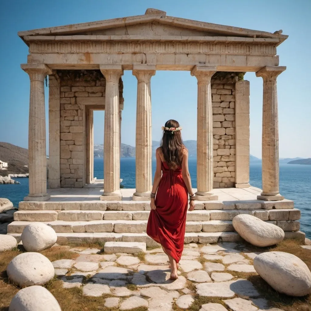 Prompt: Greek woman sea villa stones temple