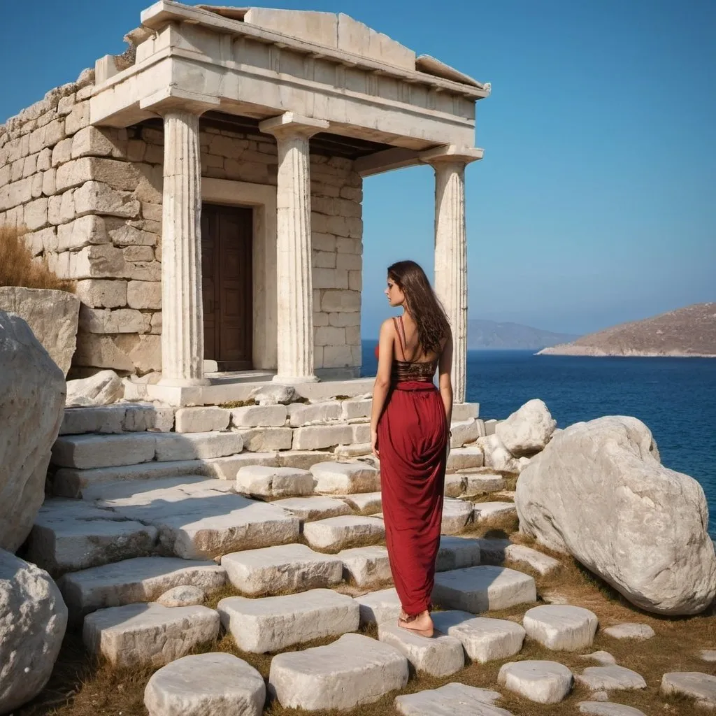 Prompt: Greek woman sea villa stones temple