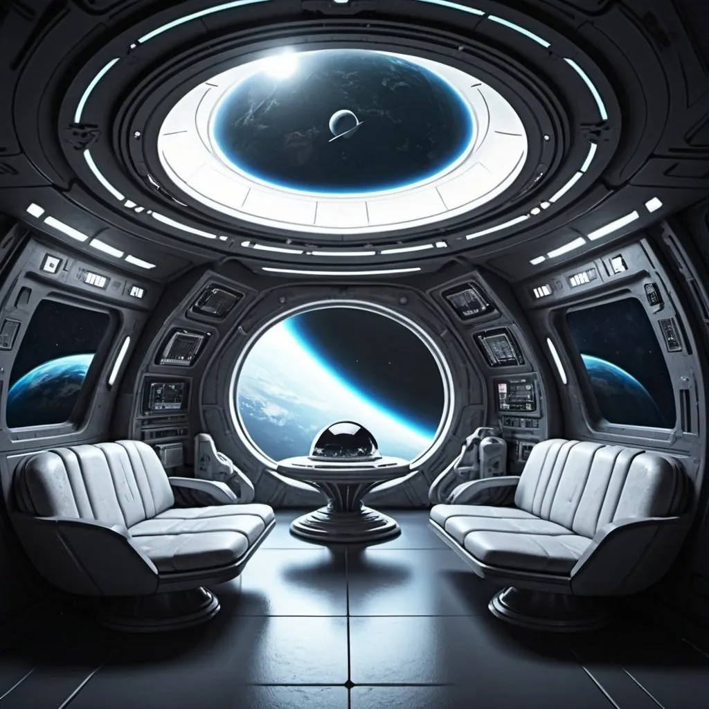 Prompt: Futuristic interior alien ship earth orbit