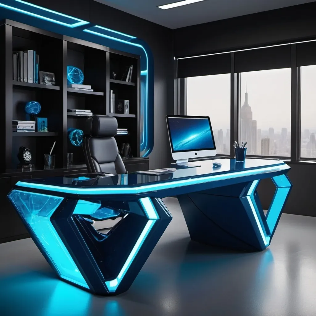 Prompt: Futuristic office desk kryptonite blue 