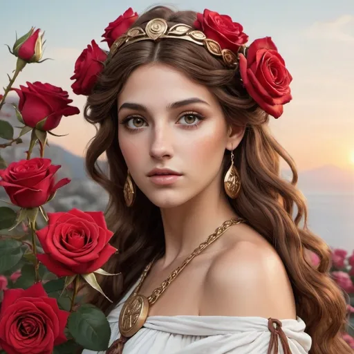 Prompt: greek Eos goddess roses brown haired
