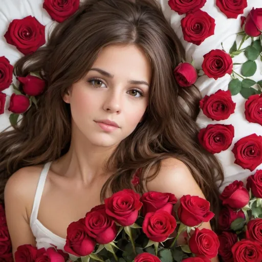 Prompt: beautiful brown haired girl bed of roses