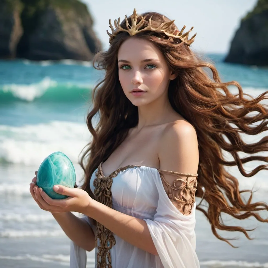 Prompt: sea goddess Eos beautiful girl brown haired