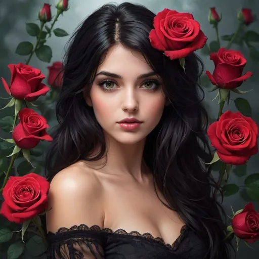 Prompt: beautiful dark haired girl roses